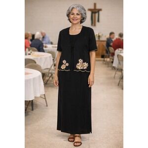 Jessica Howard Black 2PC Set Maxi Sheath Linen‎ Dress & Blazer 12P